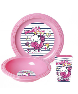 Set Licorne de 3 pièces petit déjeuner enfant (bol, verre, et assiette)