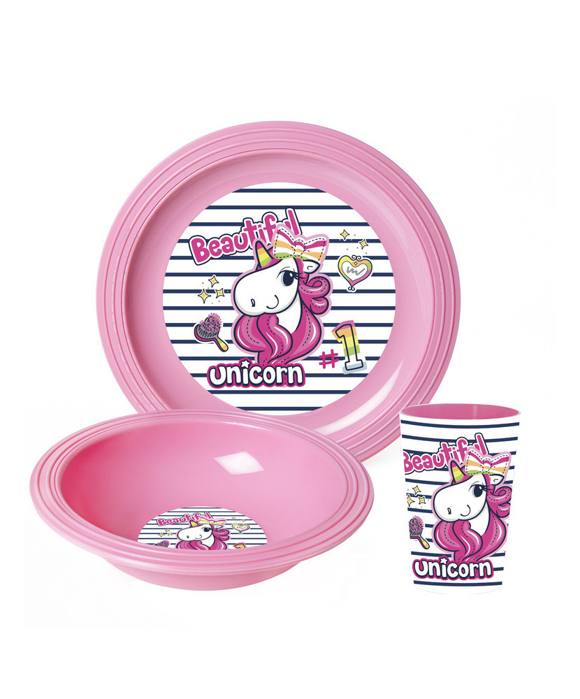 Set Licorne de 3 pièces petit déjeuner enfant (bol, verre, et assiette)