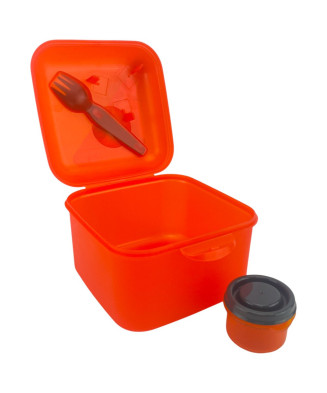 Boîte pique-nique orange avec saucière et fourchette grise 