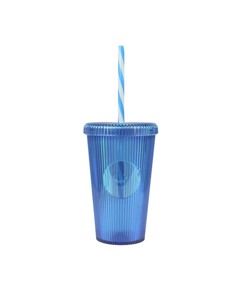 Gobelet 660ml strié neutre avec paille Couleur:Bleu