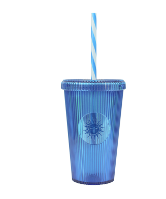 Gobelet 660ml strié décor soleil avec paille Couleur:Bleu