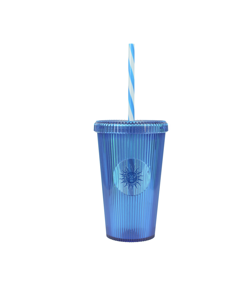 Gobelet 660ml strié décor soleil avec paille Couleur:Bleu